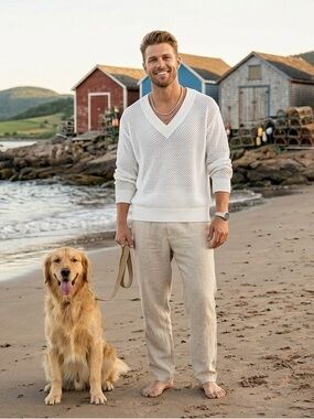 rag & bone/JEAN White Brixton Oversized V-Neck Cotton Open Knit Sweater #unisex